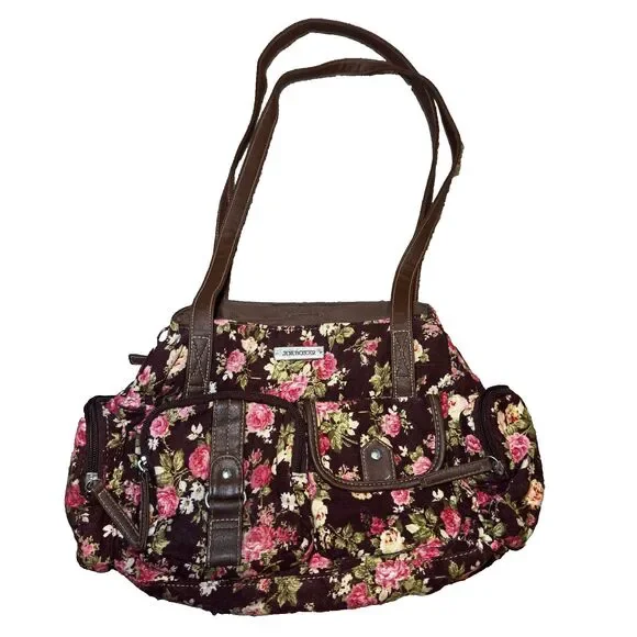 VTG Joe Boxer Shoulder Bag Brown Corduroy Floral Purse Maroon Faux Leather Y2K