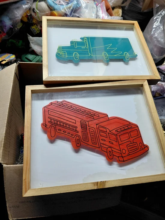 Target Pillowfort set fire truck and a semi-truck in 3D shadow box 14