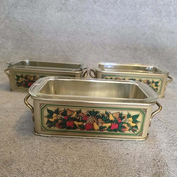 3 Vintage PYREX 213 Glass Loaf Pan & 1981 Teleflora Tin Metal Holder USA England