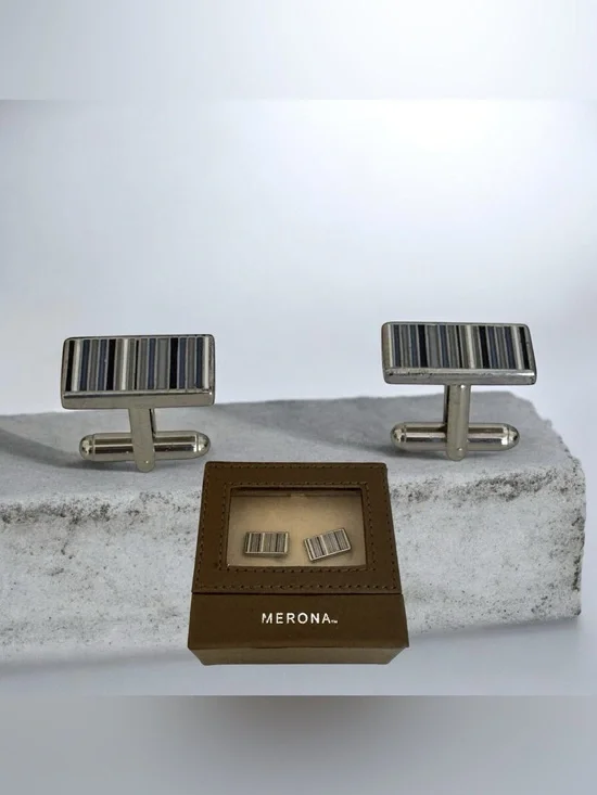 Merona Men’s Silver Tone Rectangular Silver & Black Striped Cufflinks
