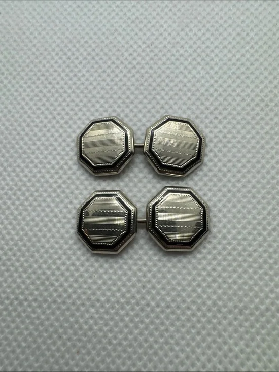 Antique Art Deco 14K White Gold Enamel Guilloche Engraved Cufflinks 3.79g