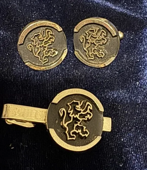 Men's Gold Tone Round T-Bar Cufflinks & Tie Clip Set Metal No Stone