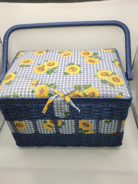 Vtg Wicker Sewing Basket Blue With Sunflowers Notions Storage Box With Handle