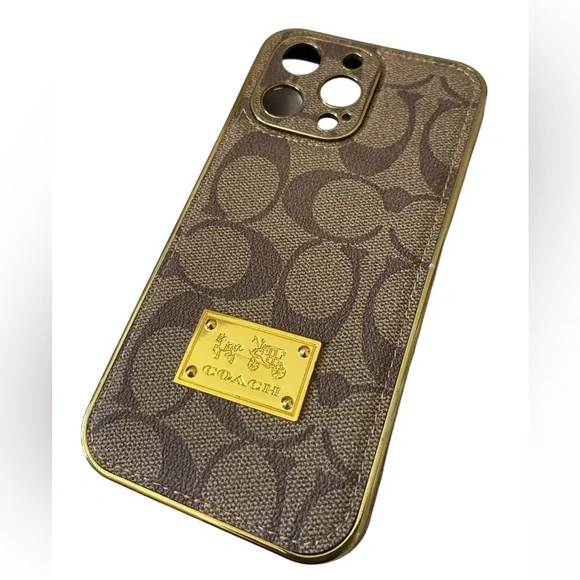 Coach Brown Signature Canvas iPhone 16 ProMax Case with Gold Plate
