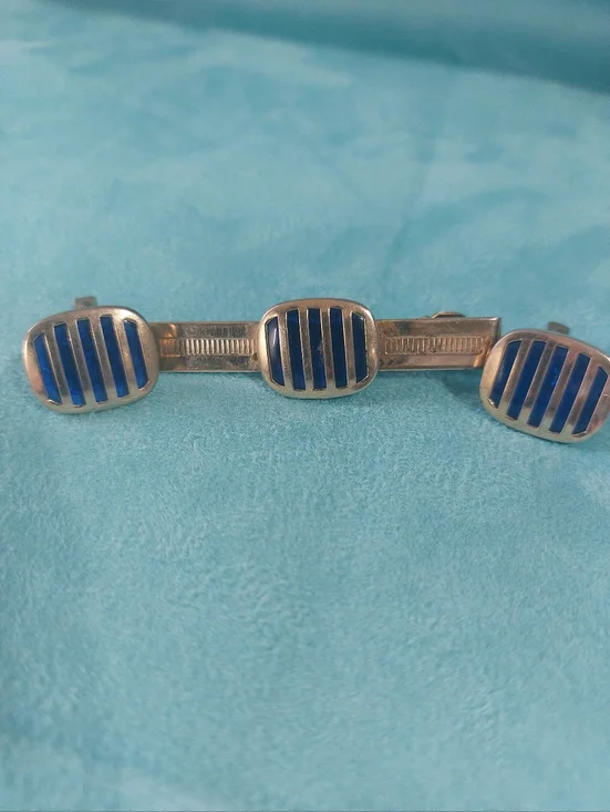 Estate Vintage Goldtone Tie Clasp & Cufflink Set, Caged Blue Cabochan Accents