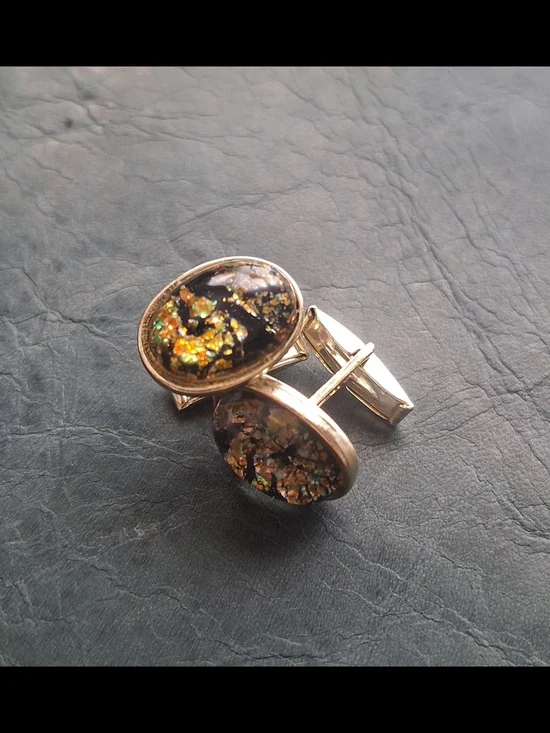 Vintage Gold-Tone Black and Iridescent Fleck Cuff Links Cufflinks