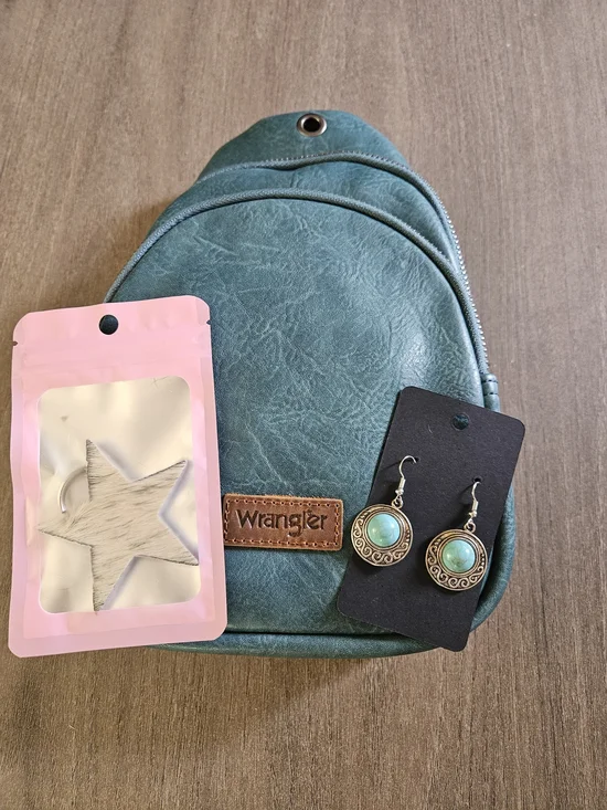 Wrangler Teal Sling Bag/ Crossbody/ Chest Bag With Fashion Earrings And Keychain