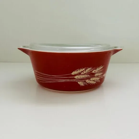 PYREX Burnt Orange Autumn Harvest Wheat Stalk 475-B Casserole Dish 2.5 Qt W Lid