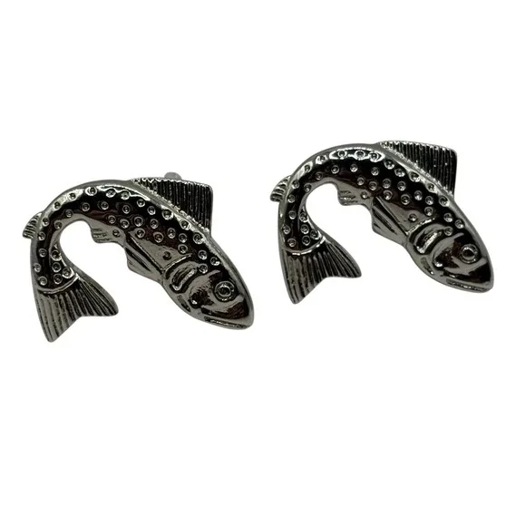 Fish Big Mouth Bass Cufflinks Fishing Silver‎ Tone Metal Shiny Modern River Lake