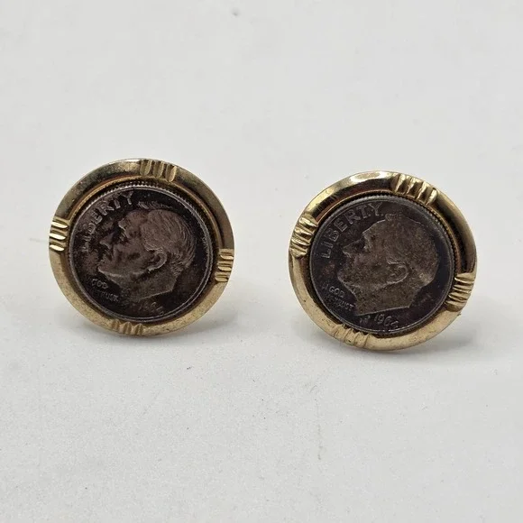 1964 Silver Dime Cufflinks Mens Gold Tone Roosevelt Coin Vintage Gift