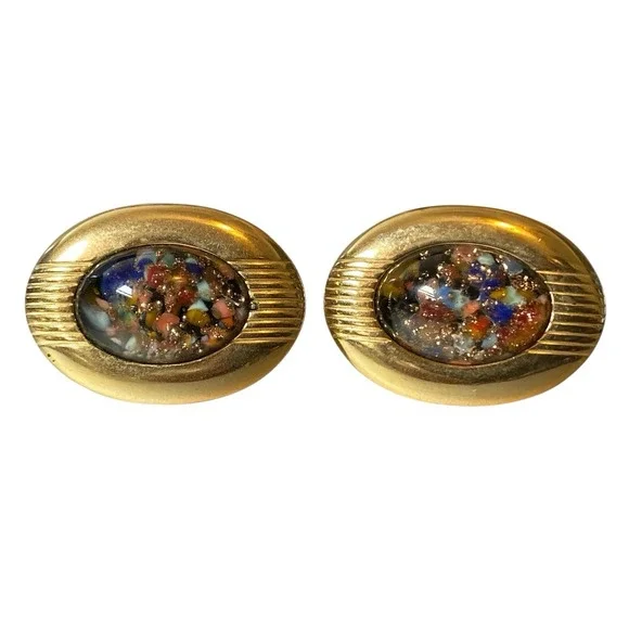 Vintage‎ Anson Men Confetti Glitter Under Glass CUFFLINKS Gold Tone Oval