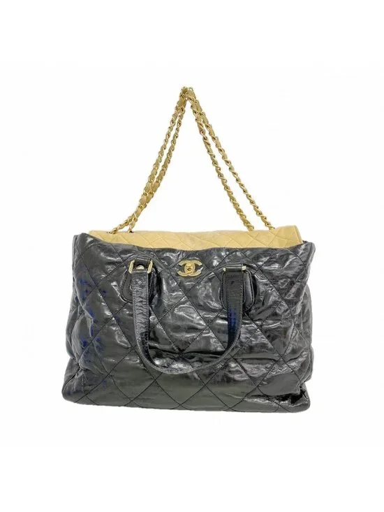 Chanel Tote Calfskin Black Beige Gold 2-Way