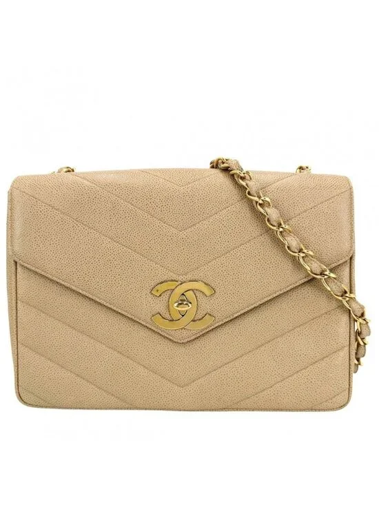 Chanel Shoulder Bag CC Logo Turnlock Crossbody Stitch Chez Blanc Caviar Leather