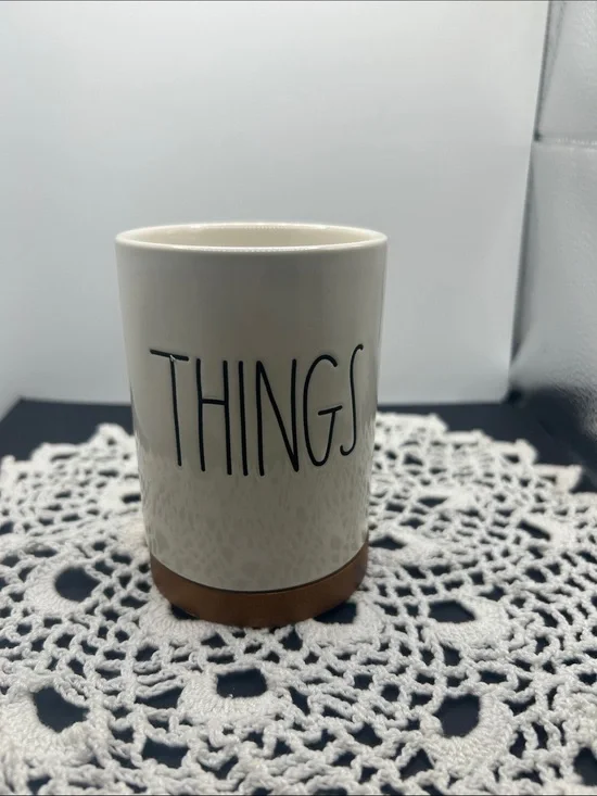 Rae Dunn 'THINGS' Ceramic Organizer Cup in Cream and Brown
