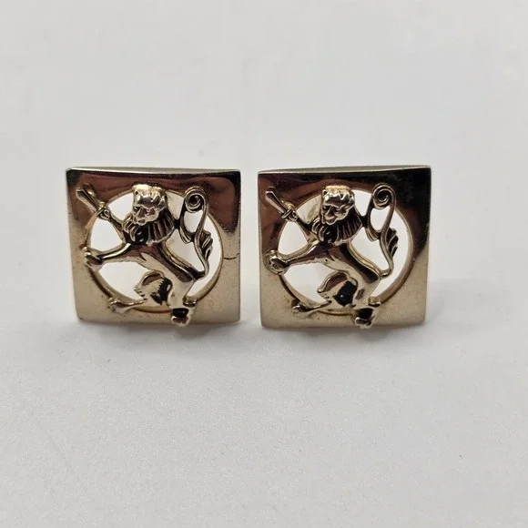 Swank Heraldic Lion Sword Mens Gold Tone Square Vintage Cufflinks Royal Crest