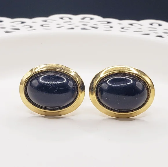Vintage 80s Mens Black Stone On Gold Cuff Links
