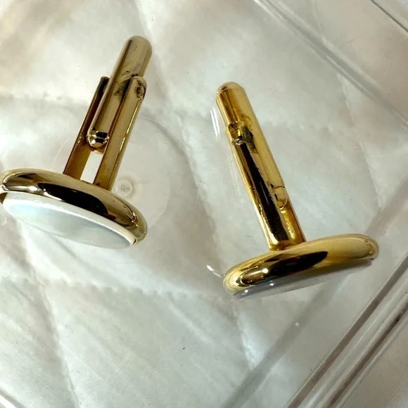 Mens Gold Tone Pearl Cufflinks Vintage Round Discs
