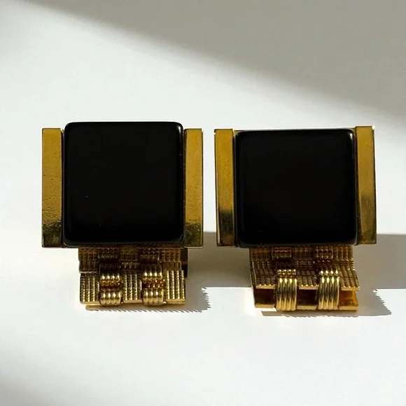 Vintage Cufflinks Black Lucite Wrap Around Gold‎ Tone Watch Band Style Chain