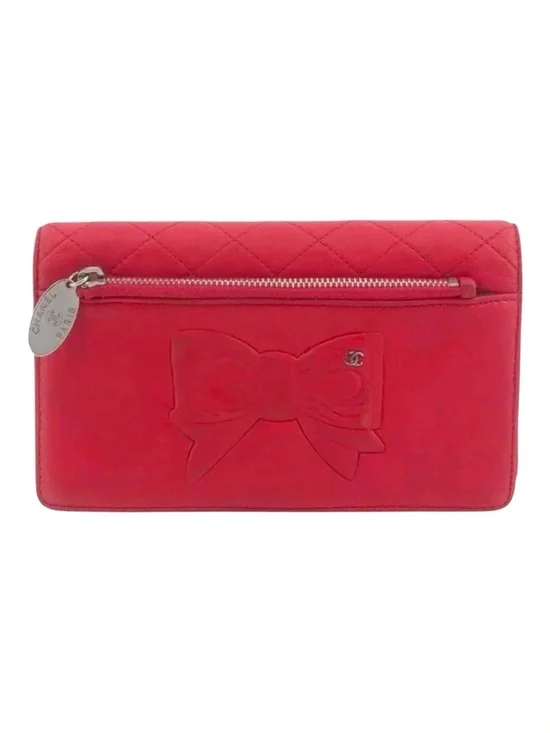 Chanel Cambon Bow Long Flap Wallet Red Suede Leather Silver Hardware