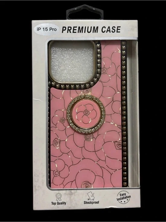 Premium Pink Floral iPhone 15 Pro Case with Gold Ring Grip