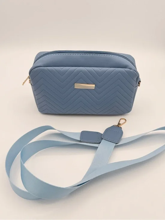 Light Blue Quilted Crossbody Travel Makeup Bag with Matching Strap NEW