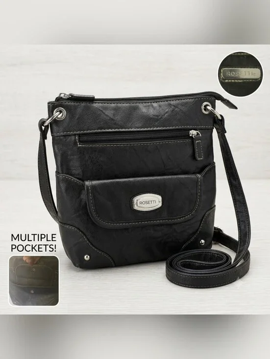 Rosetti Black Faux Leather Crossbody Organizer Bag Silver Hardware