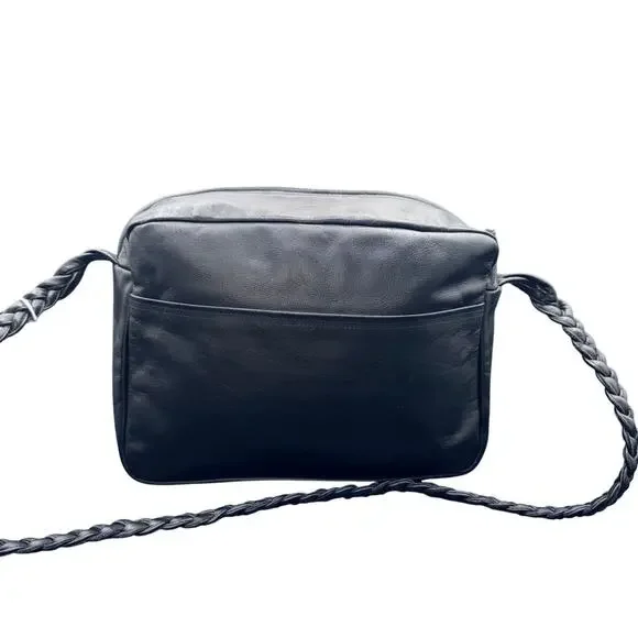 Handmade Black Leather Crossbody Shoulder Bag Braided Strap Zip Top