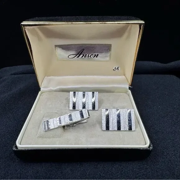 Vintage 60's Silver Tone Bar Anson Cufflinks and Tie Clip Set in Original Box