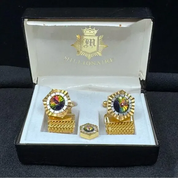 Vintage Millionaire Gold Tone Cufflinks and Tie Tack Set Aurora Borealis