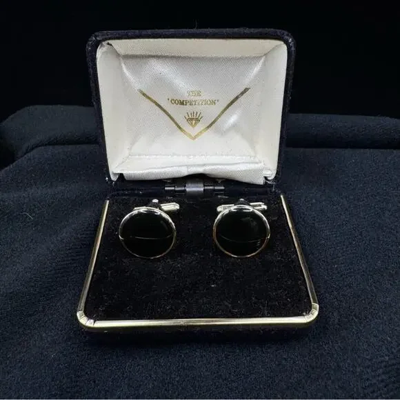 Vtg The Competition Black Onyx Cufflinks in Original Box