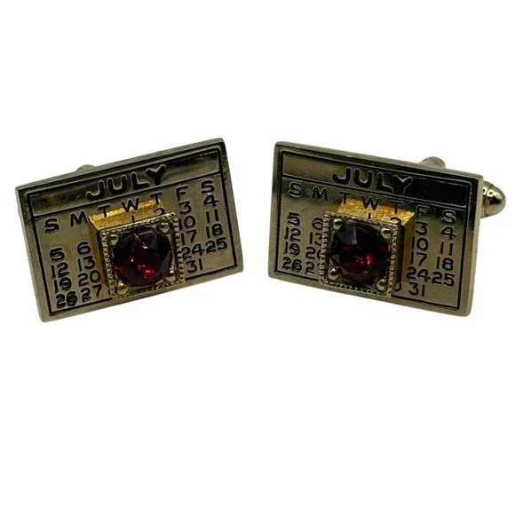 July Cufflinks Calendar Red Rhinestone‎ Patriotic Fourth Of July VTG Gold Tone