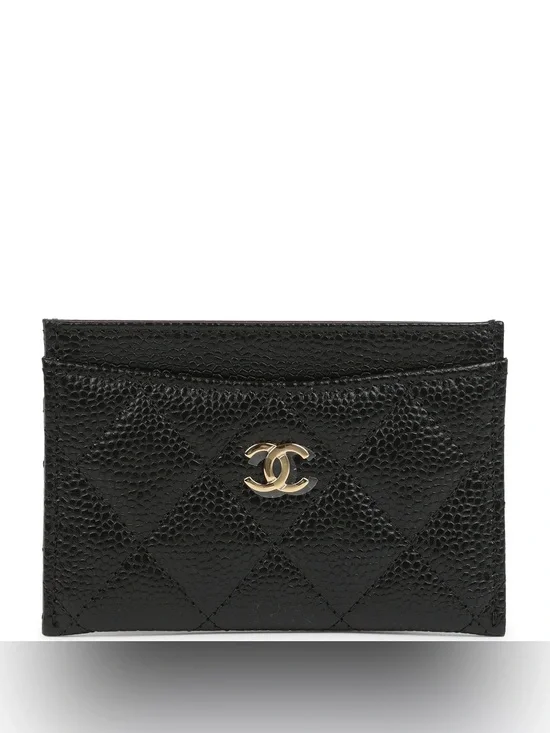 CHANEL Black Quilted Caviar Leather Wallet with Gold CC Logo