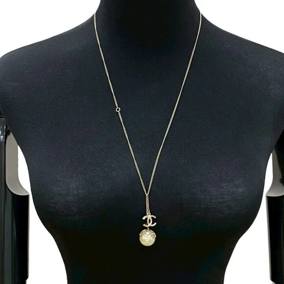 CHANEL Authentic Gold Pearl Logo Necklace