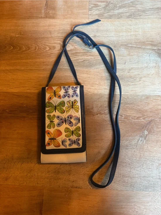 Butterfly Pattern Crossbody Phone Pouch - Blue Strap