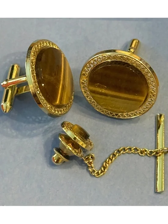 Vintage Men's Tiger's Eye Cufflinks and Tie Tack Set