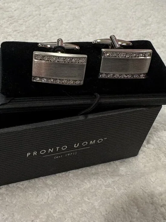 Pronto Uomo Silver Tone Rectangle Cufflinks with Clear Accent Stones