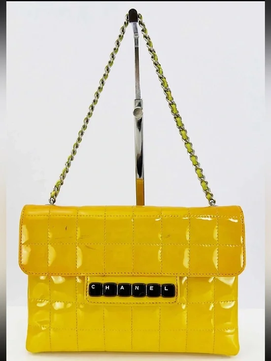CHANEL Yellow Patent Quilted Shoulder Bag with Chain