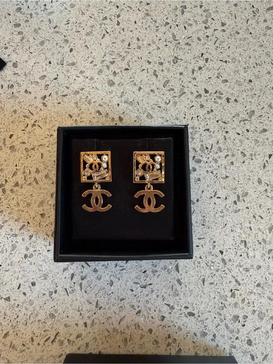 CHANEL Gold-Tone CC Drop Earrings with Pearl and Crystal Accents
