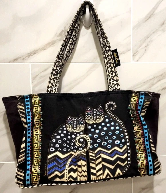 Laurel Burch Black Cotton Cat Tote Bead Trim Gold Braid Double Handles 16x9x4.5