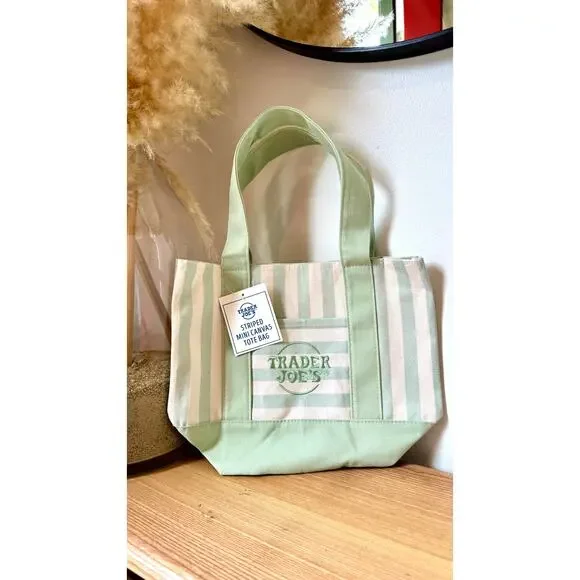 Trader Joe's Mini Striped Canvas Tote Bag Green White Stripe