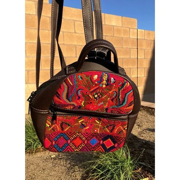 Colorful Guatemalan Style Woven Small Backpack Purse Faux Leather Boho Ethnic