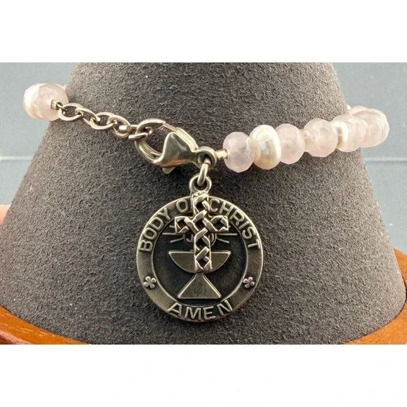 Vintage Communion Bracelet Rose Quartz Pearls Sterling Silver Cross Charm 7