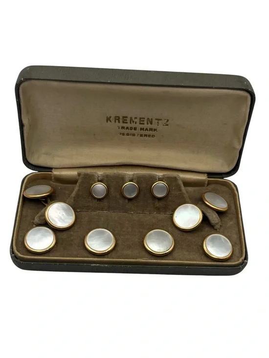 1930’s Krementz Art Deco Gold Plate Mother of Pearl cuff links shirt vest studs