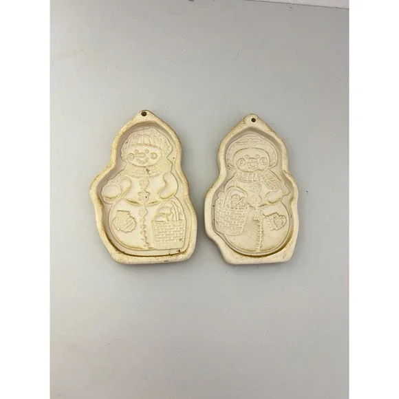 Longaberger Cookie Molds Cream‎ 1999 Snowman Pottery Set of 2
