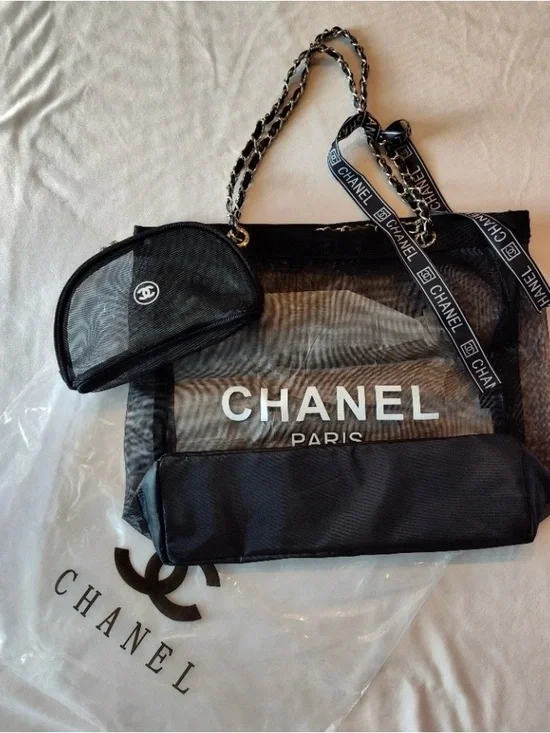 Chanel Black Mesh Tote with Matching Cosmetic Zip Pouch New