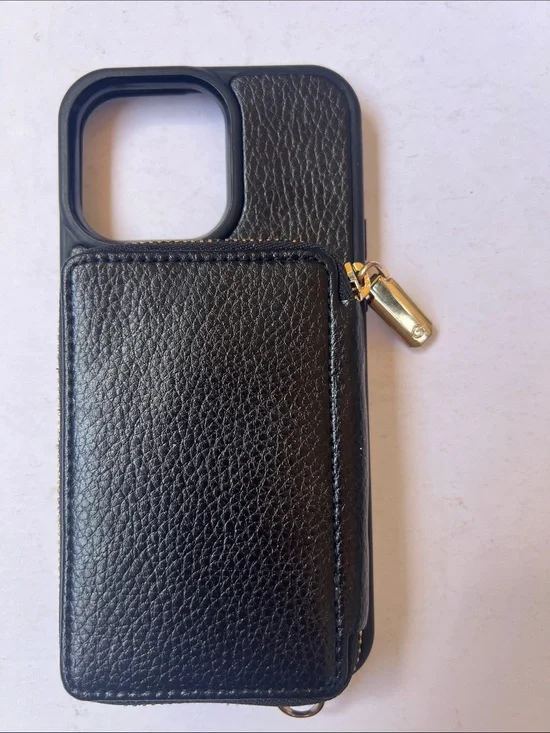 Black Leather Zipper Wallet Phone Case with Gold Accent