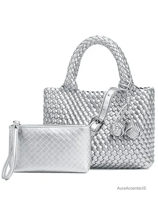 Faux Leather Woven Tote Bag with Coin Purse, Foldable Crossbody Handbag
