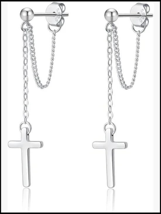 925 Sterling Silver Cross Dangle Earrings Minimalist Chain Drop Earrings for