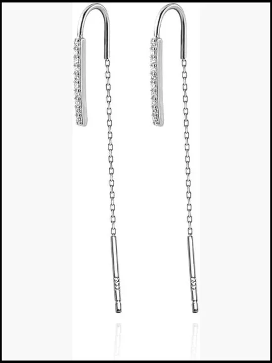 Sterling Silver Bar Threader Earrings Dangle CZ Chain Drop Tassel