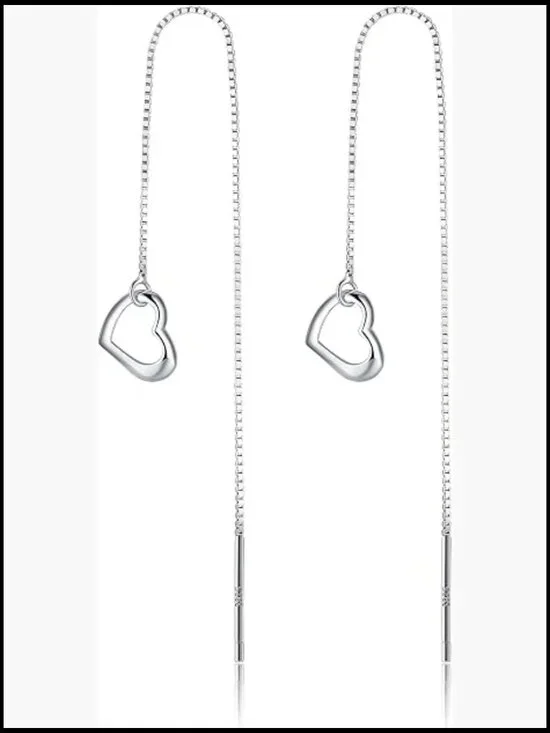 Solid 925 Sterling Silver Love Heart Chain Dangle Drop Earrings Teen
